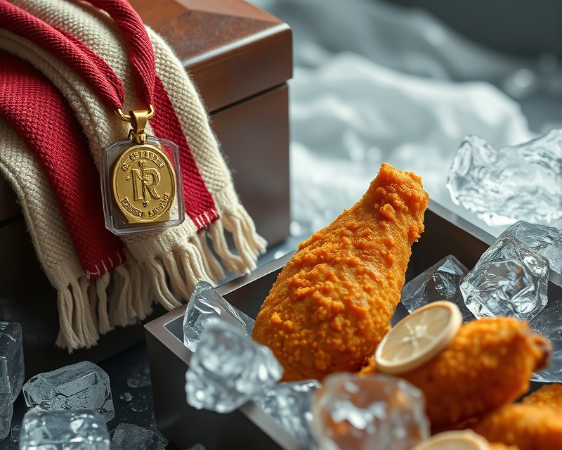 towel, medal, fried chicken, ice, coffin